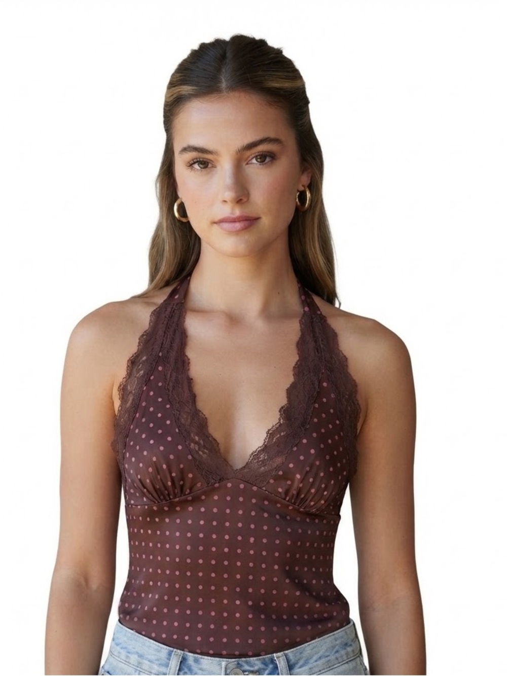 Sans Souci Brown Pink Polka Dot Lace Trim Halter Crop Top Size XL